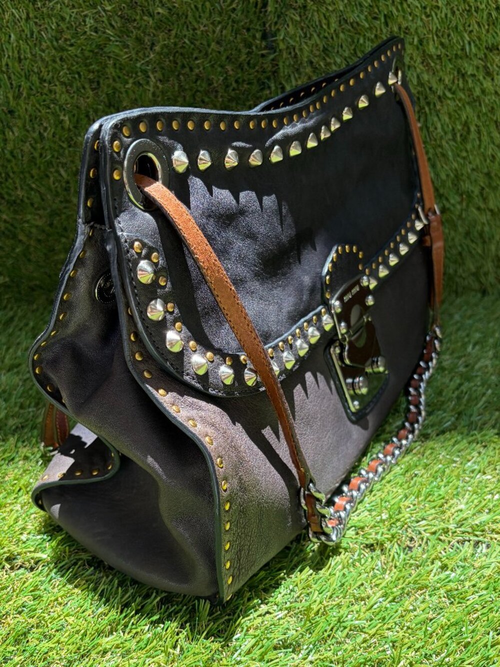 Miu Miu Studded Leather Shoulder Bag - Black - Picture 6 of 14